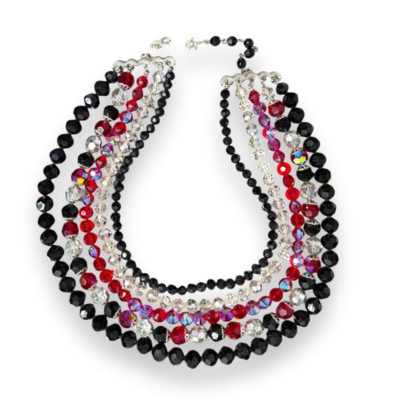 Vendome Jewelry - Vintage Vendome Lava Black Red White Glass Rhinestones Necklace 13 inch